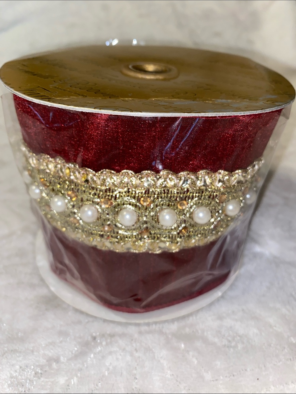 NEW Farrisilk Ribbon Santa’s Pearls Burgundy & Gold Pearl Wired Ribbon 5 yards